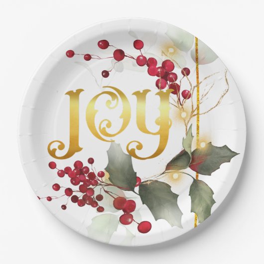 JOY poinesettias Holly Berries Paper Tellers Pappteller (Vorderseite)
