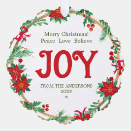 Joy Poinsettia Wreath Botanical Elegant Christmas Ornament Karte
