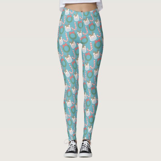 Joy Polar Bear Mask Pattern Blue Holiday Leggings (Vorderseite)