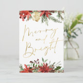 JOY Red Floral Poinsettia Gold Foto Holiday Card Einladung (Stehend Vorderseite)