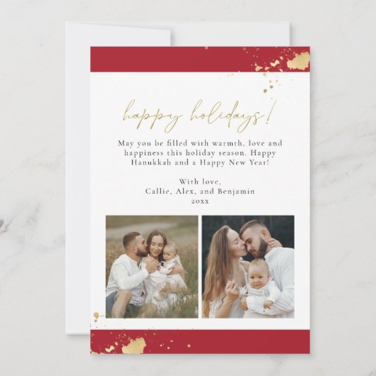 JOY Red Floral Poinsettia Gold Foto Holiday Card Einladung (Rückseite)