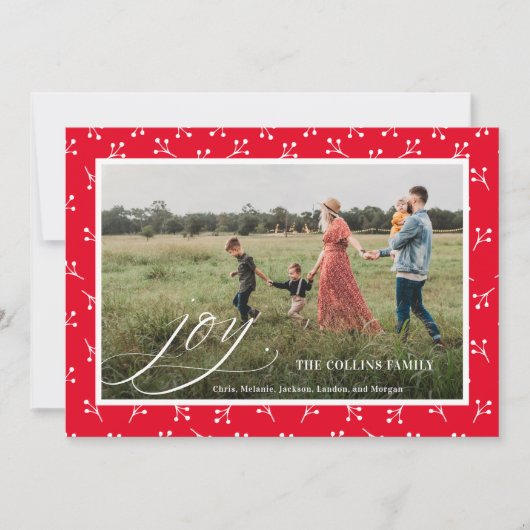 Joy Red Frame Berry Pattern Foto Weihnachten (Vorderseite)