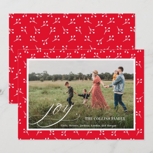 Joy Red Frame Berry Pattern Foto Weihnachten (Vorne/Hinten)