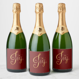"Joy" Red Gold Script Elegante Feiertage Saison Schaumweinetikett