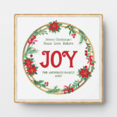 Joy Red Green Gold Poinsettia Wreath Weihnachten Fotoplatte (Vorderseite)