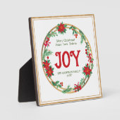 Joy Red Green Gold Poinsettia Wreath Weihnachten Fotoplatte (Vorderseite)
