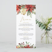 JOY Red Poinsettia and Pine Christmas Dinner Menu Menükarte (Stehend Vorderseite)