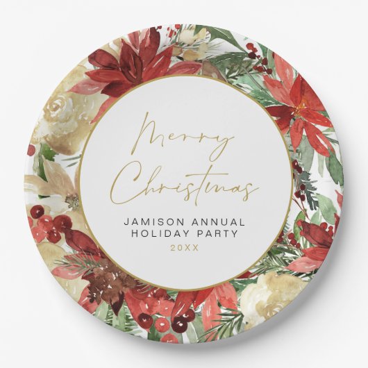 JOY Red Poinsettia Weihnachtsdekor im Party Pappteller (Vorderseite)