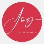 Joy Red Script Holiday Weihnachten Runder Aufkleber (Vorderseite)