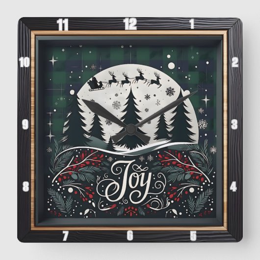 Joy Reindeer Pines Christmas Quadratische Wanduhr (Vorderseite)