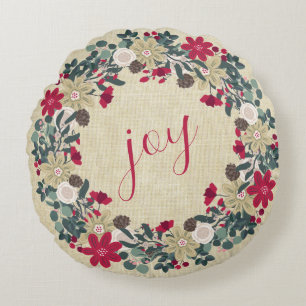 Joy - Reversible Floral Bauernhof Weihnachtskranz Rundes Kissen
