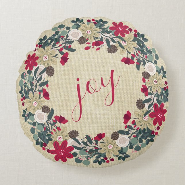 Joy - Reversible Floral Bauernhof Weihnachtskranz Rundes Kissen (Vorderseite)