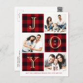 JOY | Rotes Kariertes Foto Collage Weihnachtsfeier Postkarte (Vorne/Hinten)