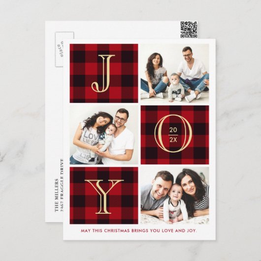 JOY | Rotes Kariertes Foto Collage Weihnachtsfeier Postkarte (Vorne/Hinten)