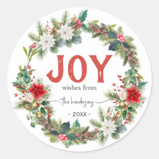 Joy Rustic Typography Name Christmas Wreath Red Runder Aufkleber