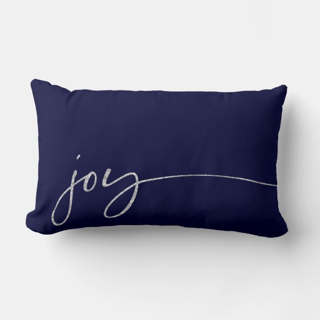 Joy Silver Navy Elegant Script Calligraphy Lendenkissen (Vorderseite)