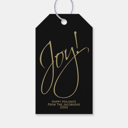 Joy! Simple Gold Script Black Christmas Foto Geschenkanhänger (Vorderseite)