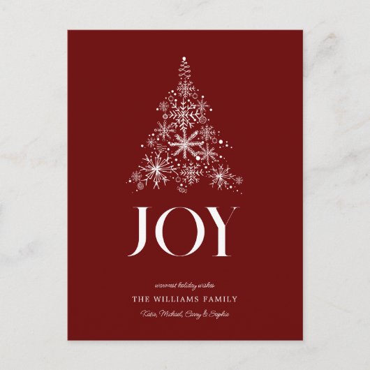 JOY | Snowflake Weihnachtsbaum Feiertagspostkarte (Vorderseite)