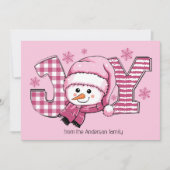 Joy Snowman Pink White Christmas Feiertagskarte (Vorderseite)