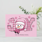 Joy Snowman Pink White Christmas Feiertagskarte (Stehend Vorderseite)
