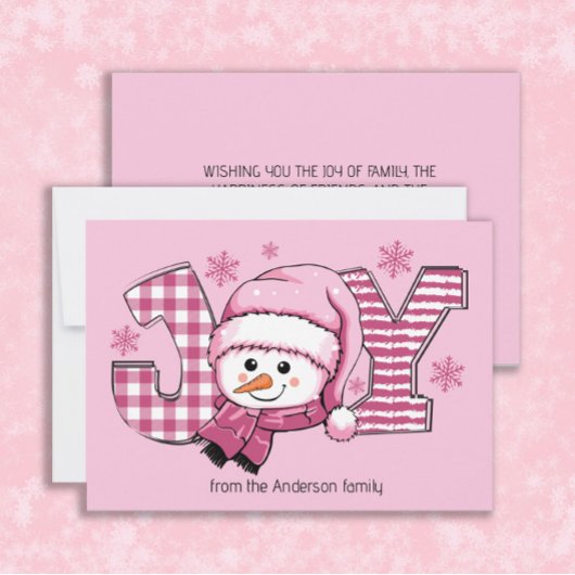 Joy Snowman Pink White Christmas Feiertagskarte