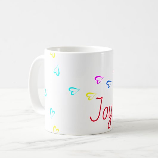 Joy Text farbenfrohe Herzen Kaffeetasse (Vorderseite Links)