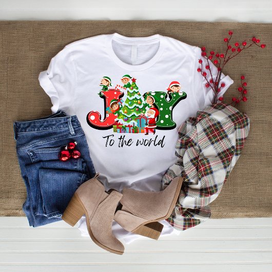 Joy The World Christmas T - Shirt Elves Tree
