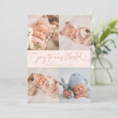 Joy to our World Peach Multi Foto Birth Ankündigung (Stehend Vorderseite)