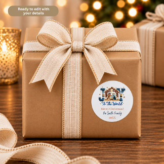 Joy to the World Blue Nativity Scene Personalized Runder Aufkleber