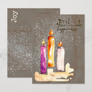 Joy! Trio of Candles Watercolor Sparkle Feiertagspostkarte