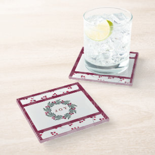 "JOY" Typografie Holly Berry Wreath Holiday Glasuntersetzer