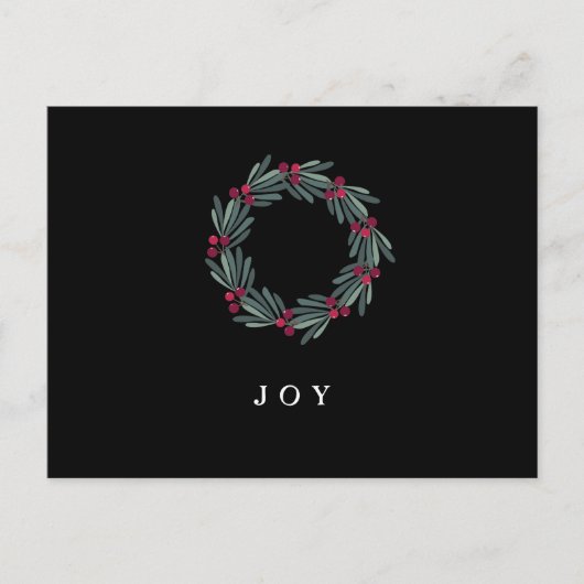 "JOY" Typografie Holly Berry Wreath Holiday Postkarte (Vorderseite)