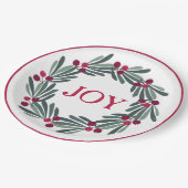 "JOY" Typografie Holly Berry Wreath Red Pappteller (Schrägansicht)