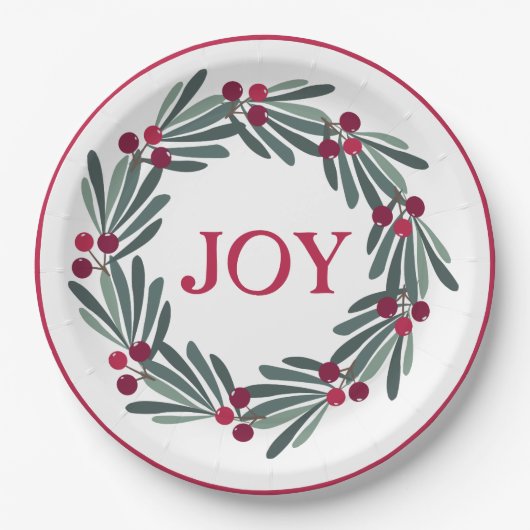 "JOY" Typografie Holly Berry Wreath Red Pappteller (Vorderseite)
