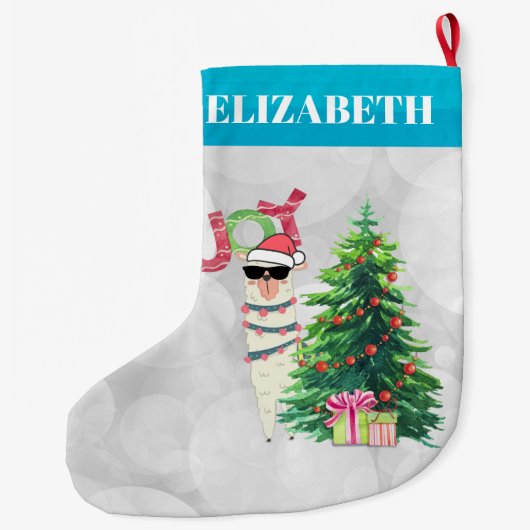 Joy Typografie | Weihnachtslama hinter einem Baum Großer Weihnachtsstrumpf (Rückseite)