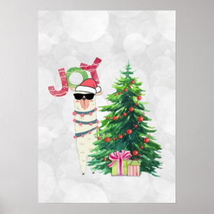 Joy Typografie   Weihnachtslama mit Baum Poster
