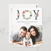 JOY Typografy Poinsettia Floral Christmas Foto Postkarte (Vorne/Hinten)