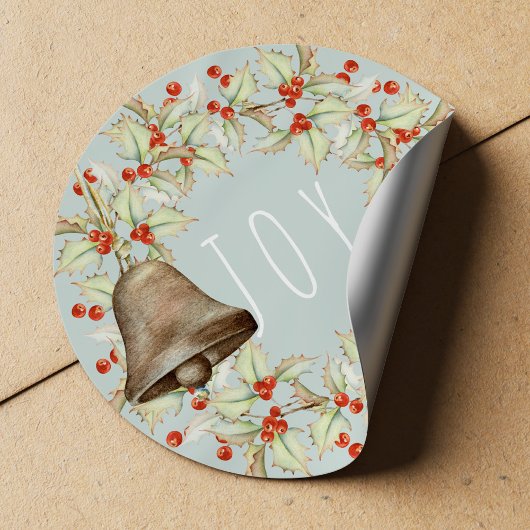JOY Typography Holly Berries Wreath Blue Christmas Runder Aufkleber