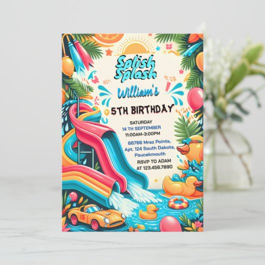 Joy Water Park Cool Summer splash Pad 8. Geburtsta Einladung (Stehend Vorderseite)