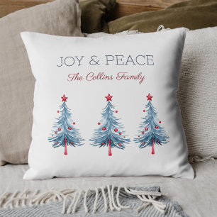 Joy Watercolor Blue Christmas Tree Modernes Skript Kissen