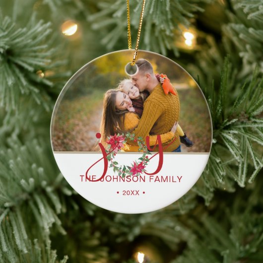 JOY Watercolor Christmas Wreath Foto Keramik Ornament (Baum)