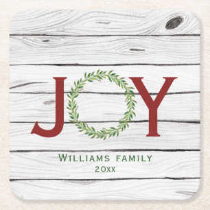 Joy Watercolor Wreath Familie Weihnachten Rechteckiger Pappuntersetzer