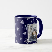Joy! Weißes Snowflake Foto Rahmen Navy Blue Tasse (VorderseiteRechts)