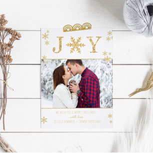 "Joy" White & Gold Snowflakes Foto Weihnachtskarte Feiertagskarte