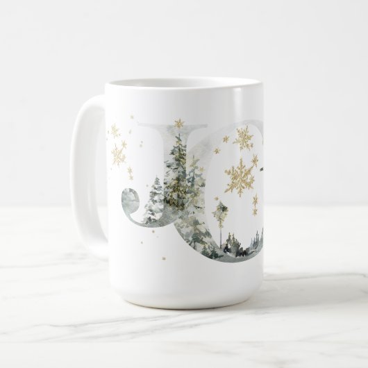 Joy Winter Forest Lettering Gold Snowflakes Kaffeetasse (Vorderseite Links)