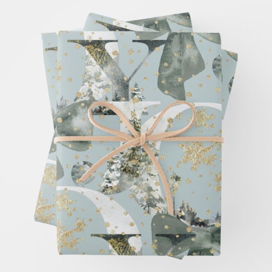 Joy Winter Forest Schriftart Green Bow Gold Snow Geschenkpapier Set (Beispiel)