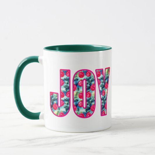 JOY Word Art in Fuchsia Pink und Aquamarin Tasse (Links)