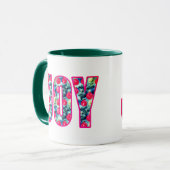 JOY Word Art in Fuchsia Pink und Aquamarin Tasse (Vorderseite Links)