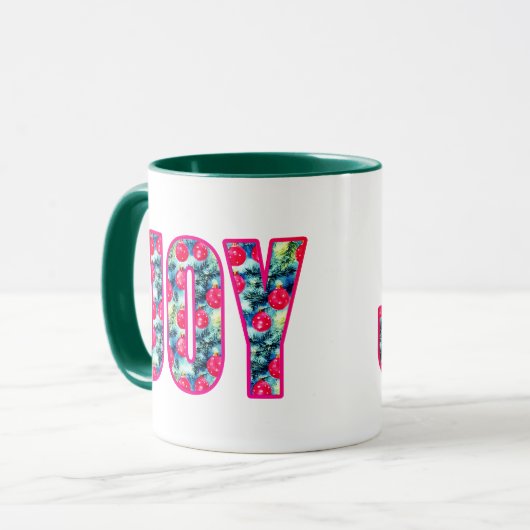 JOY Word Art in Fuchsia Pink und Aquamarin Tasse (Vorderseite Links)