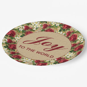 Joy World Christmas Red Floral Rustic Vintag Pappteller
